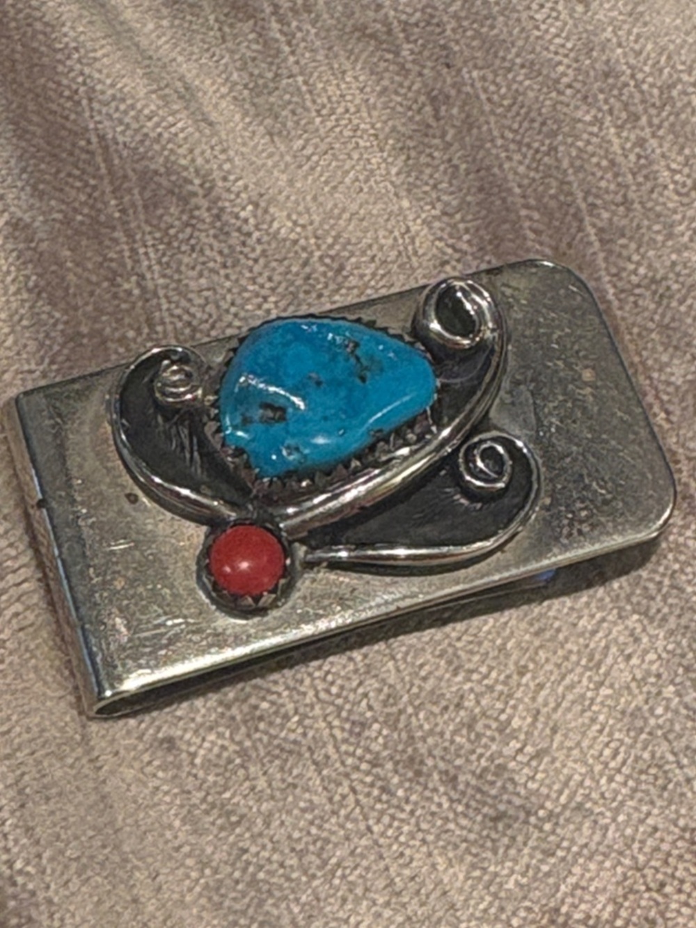 Vintage Silver Money Clip with Turquoise and Red Stone Accents Navajo Style